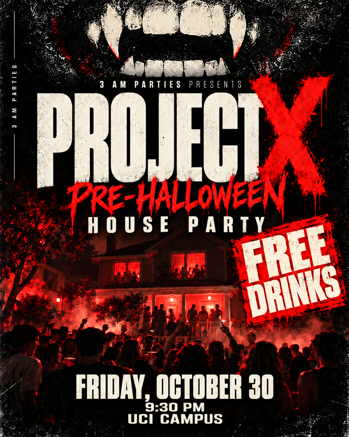 3AM Parties presents PROJECT X Pre-Halloween House Party. Friday, October 30, 2026 at 9:30 PM Pacific. UCI Campus. Free drinks.